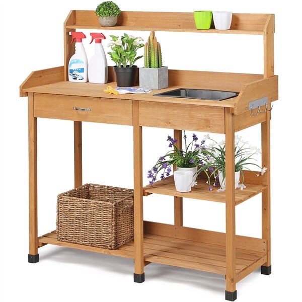 Garden Potting Bench Table Workstation Work Bench Planting Desk Natural Fir Wood gallery