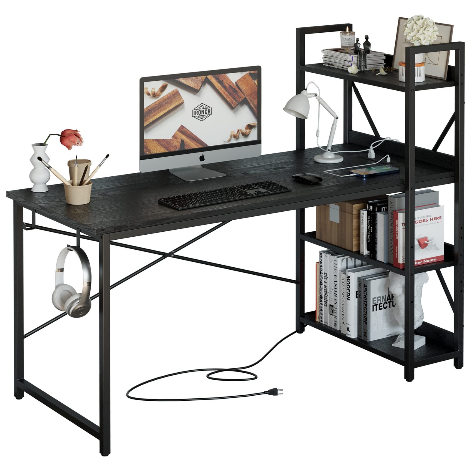 55 Inch Computer Desk with Power Outlet USB Charging Storage Shelves Black gallery
