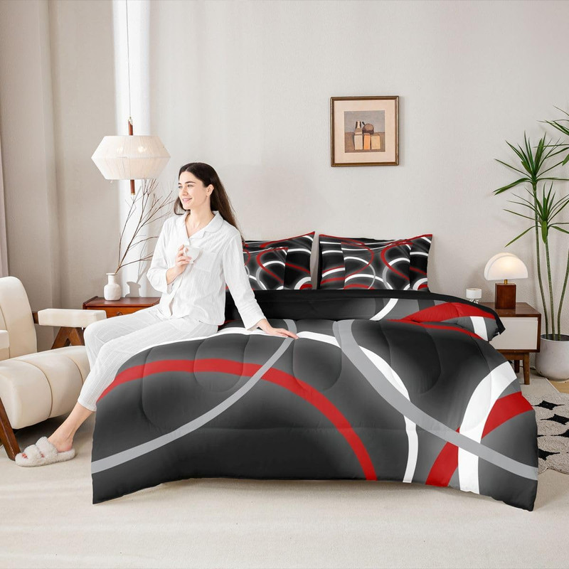 Red Geometric Comforter Set Queen Size 7 Pieces Modern Bedding gallery