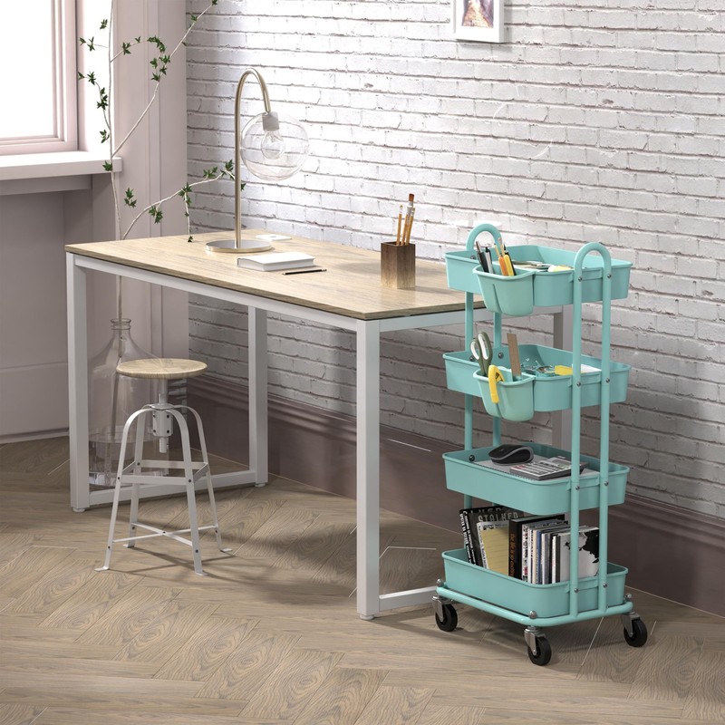 4-Tier Multifunctional Rolling Utility Cart with Hanging Buckets, Turquoise gallery