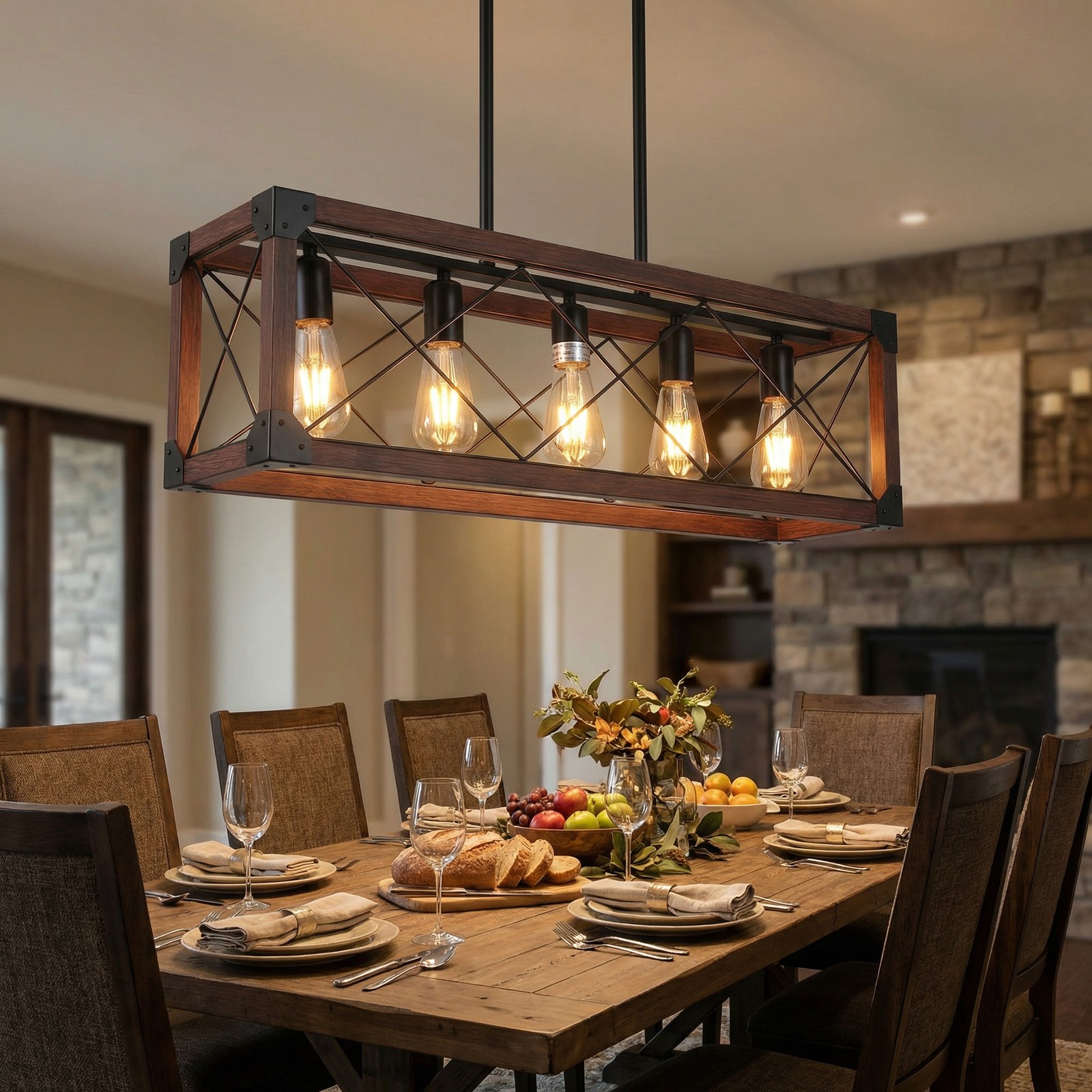 31'' Rustic Pendant 5 Light Farmhouse Wood Linear Chandelier Living Room Fixture gallery