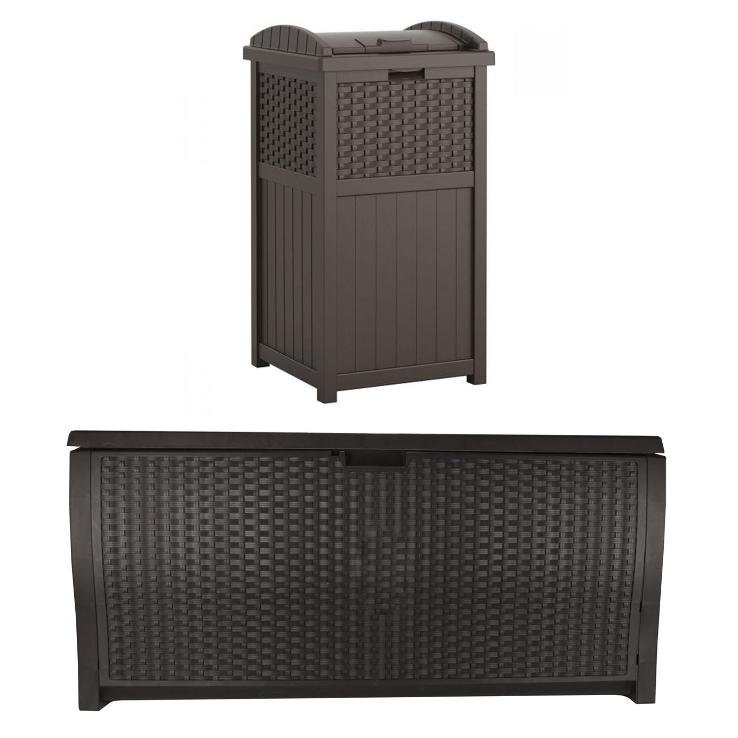 Suncast Trash Hideaway Resin Wicker Style Garbage Bin & 99 Gallon Deck Box, Java gallery