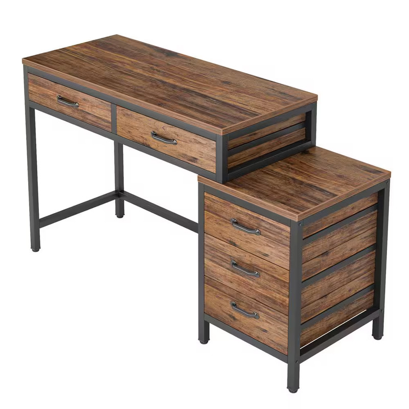 51 In. Rustic Brown Rectangle 5-Drawer Computer Desk, Industrial Desk with Rever gallery