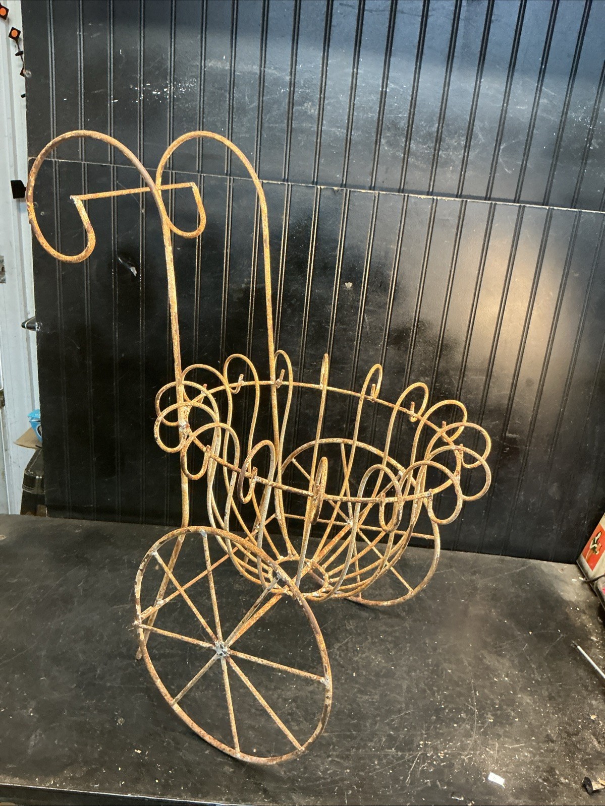 Vintage Victorian Style Wire Garden Planter Cart Lg 11in Pot Size 30in x 18in gallery