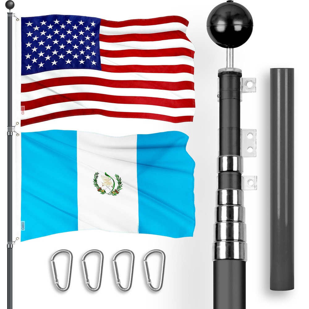 25 Ft Telescoping Flagpole Black & American and Guatemala Flags Emb 300D 3x5Ft