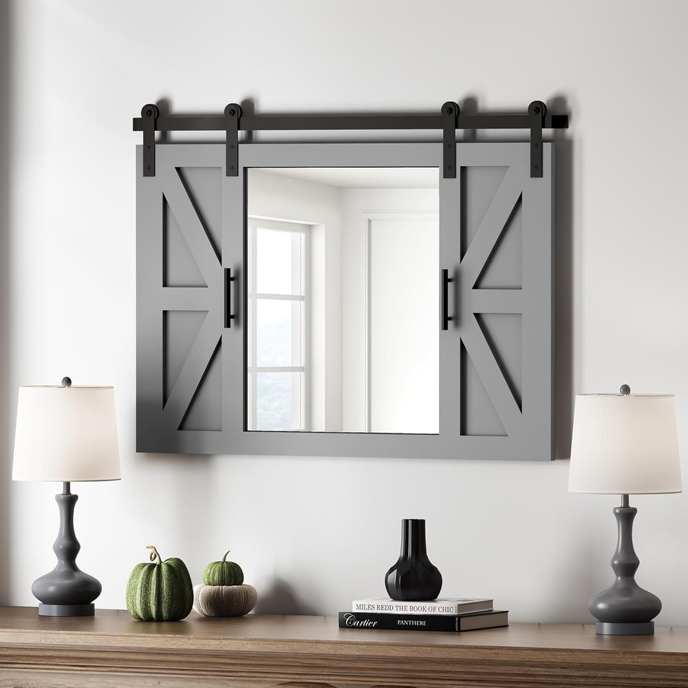 Rustic Grey Barn Door Mirror - 37" X 26" Farmhouse Wall Decor for Any Room