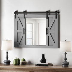 Rustic Grey Barn Door Mirror – 37″ X 26″ Farmhouse Wall Decor for Any Room