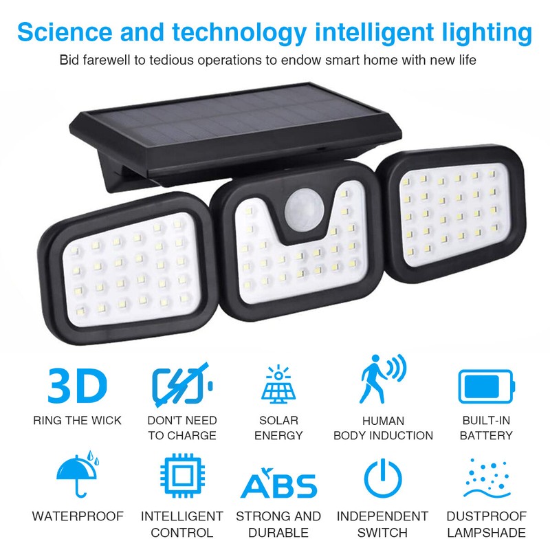 Solar Lamp Security Lights Motion Sensor 3 Head 6000LM Adjustable Flood Lights gallery