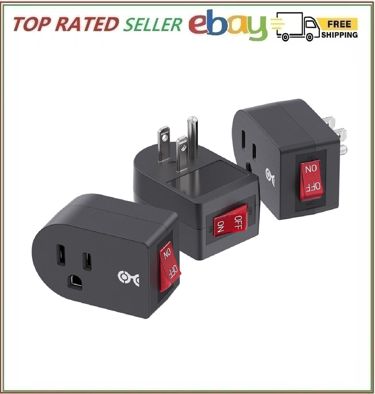 3 Pack Grounded Outlet With ON Off Switch Single Plug In Power Button Black NEW gallery