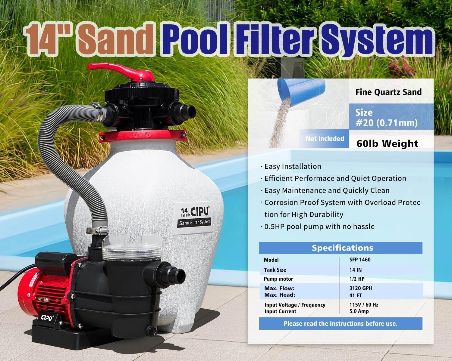CIPU 14-inch Sand Filter Pump System for Above Ground Pools 0.5HP 115V gallery