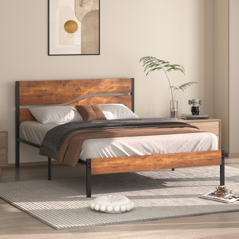 Twin Full Queen Size Bed Frame Industrial Metal Platform Bed w/Headboard Brown gallery