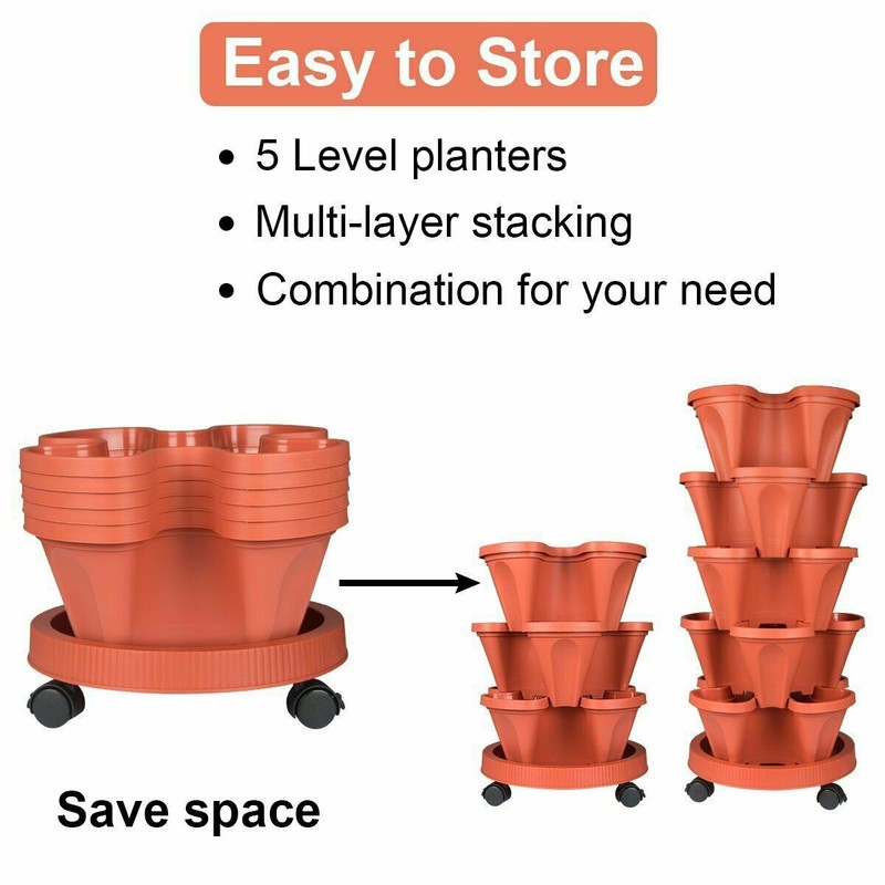 5 Tier Stackable Planters Vertical Planter Garden Tower Pots with Wheels & Tools gallery