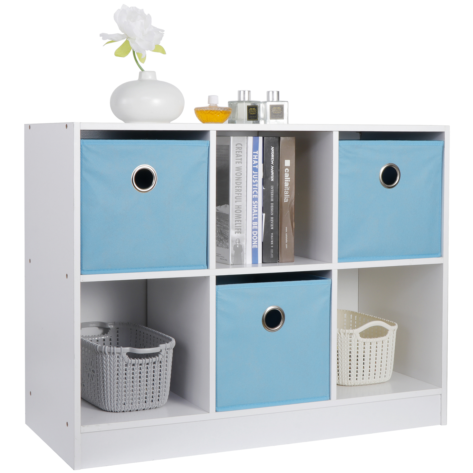 6 Cube Storage Organizer Wooden Bookcase Display Cubby Shelf w/3 Bins White/Blue gallery