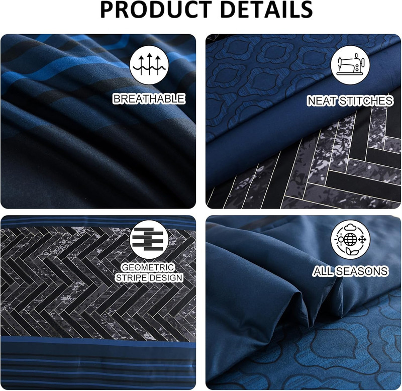 Navy Blue Comforter Set King Size, 7 Pieces Stripe Geometric Bed in a Bag, Soft gallery