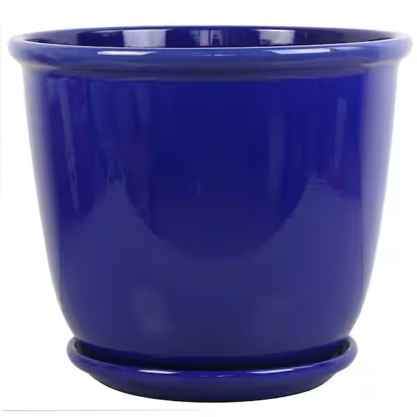 Delphine Blue Glazed Plastic Planter with Drainage Hole and Attached Saucer gallery
