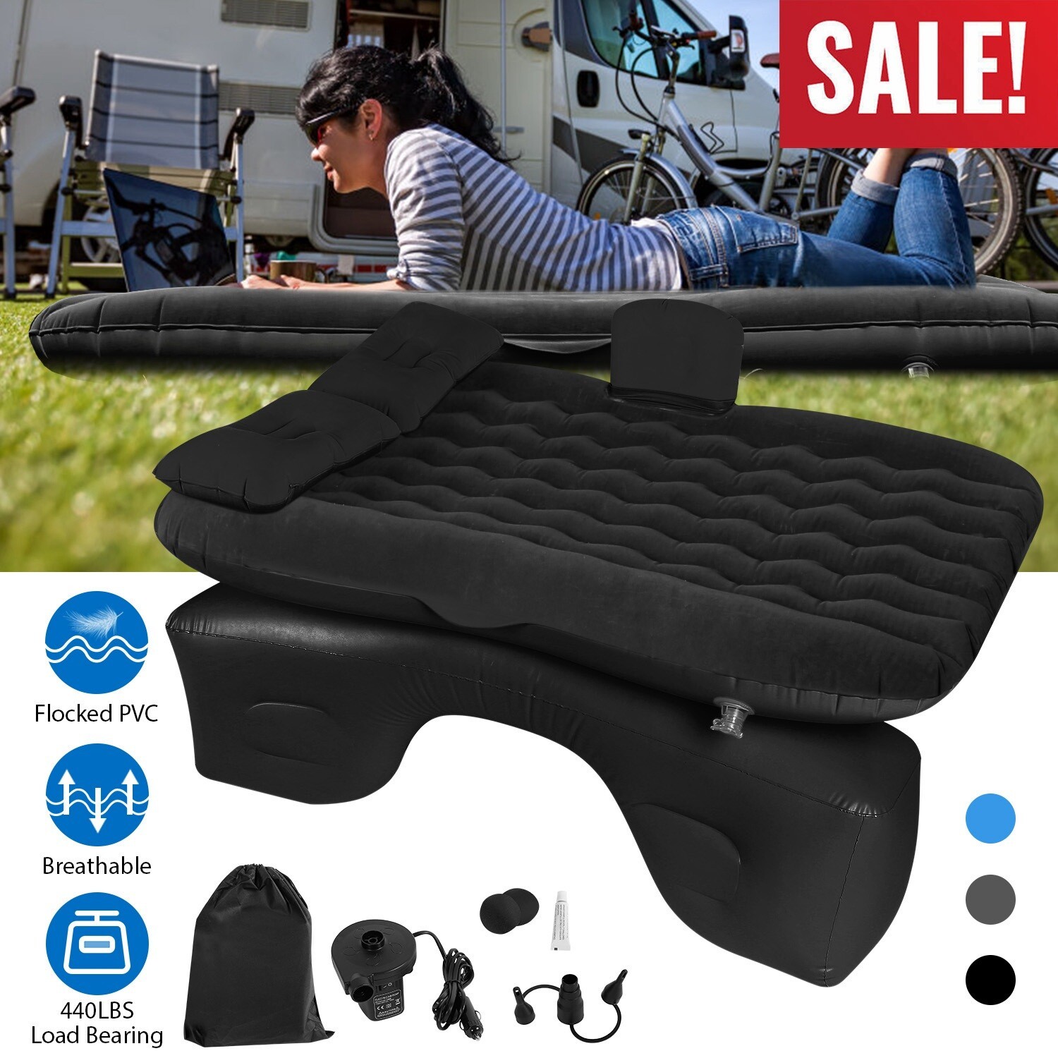 Inflatable Travel Car Air Mattress Back Seat Bed and Rest W/Pillows Pump and Bag gallery