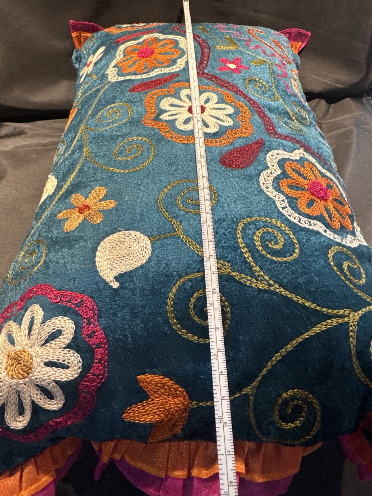 Pier 1 Embroidered Floral Pillow Orange Pink Blue 21”x12” Removable Cover gallery