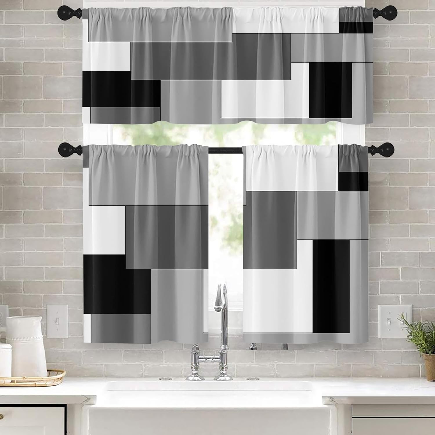 Black Grey Kitchen Window Curtains Valance and Tier Set, Dark Grey White Modern gallery