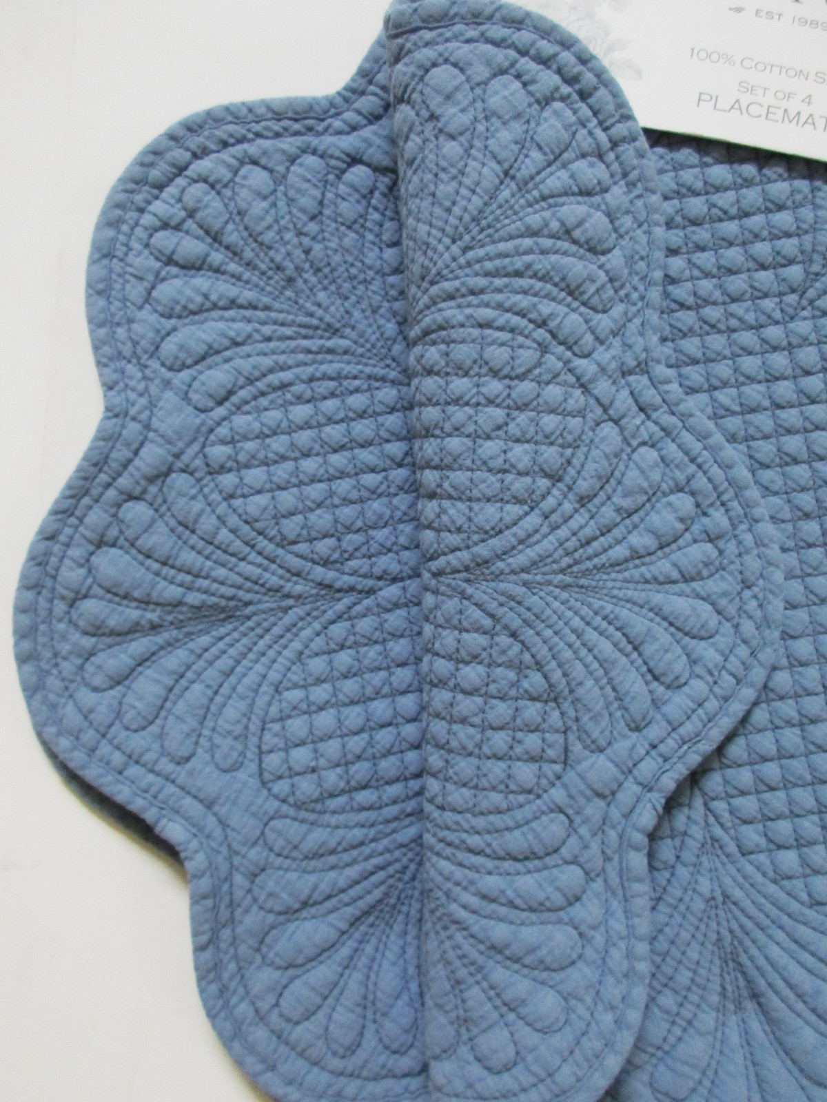 Shabby Chic Set/4 Round Scalloped Edge Blue Quilted Placemats Cotton Cottage gallery