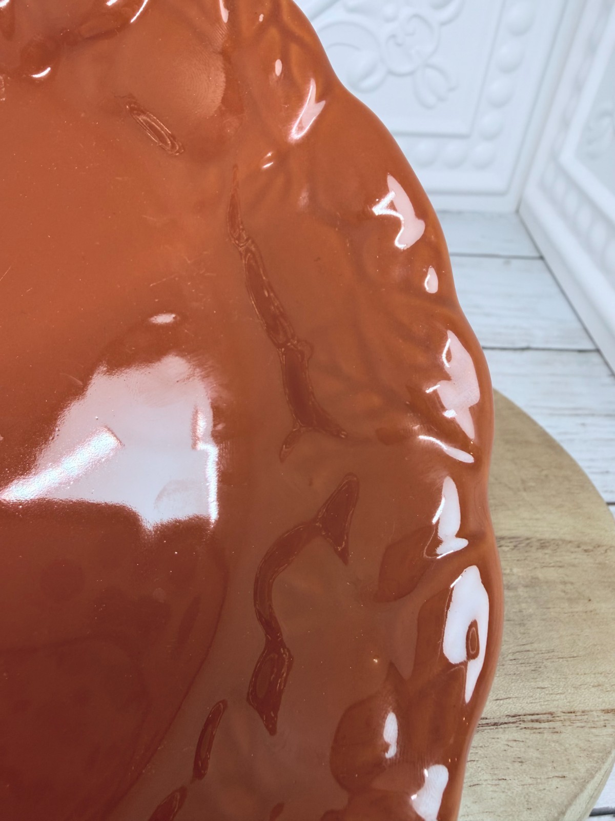 Home Interiors Terracotta Orange Decorative Leaf Rim Ceramic Serving Bowl Plate gallery