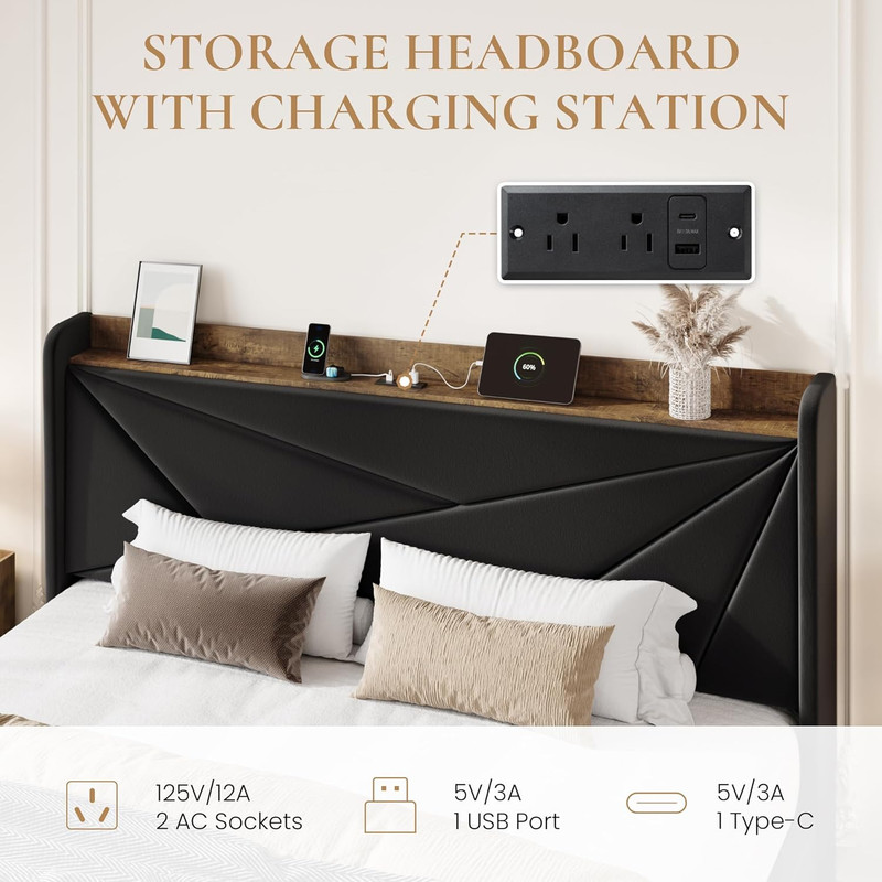 SHA CERLIN King Size Bed Frame with 3 Drawers, USB & Type-C Charging Ports, Velv gallery