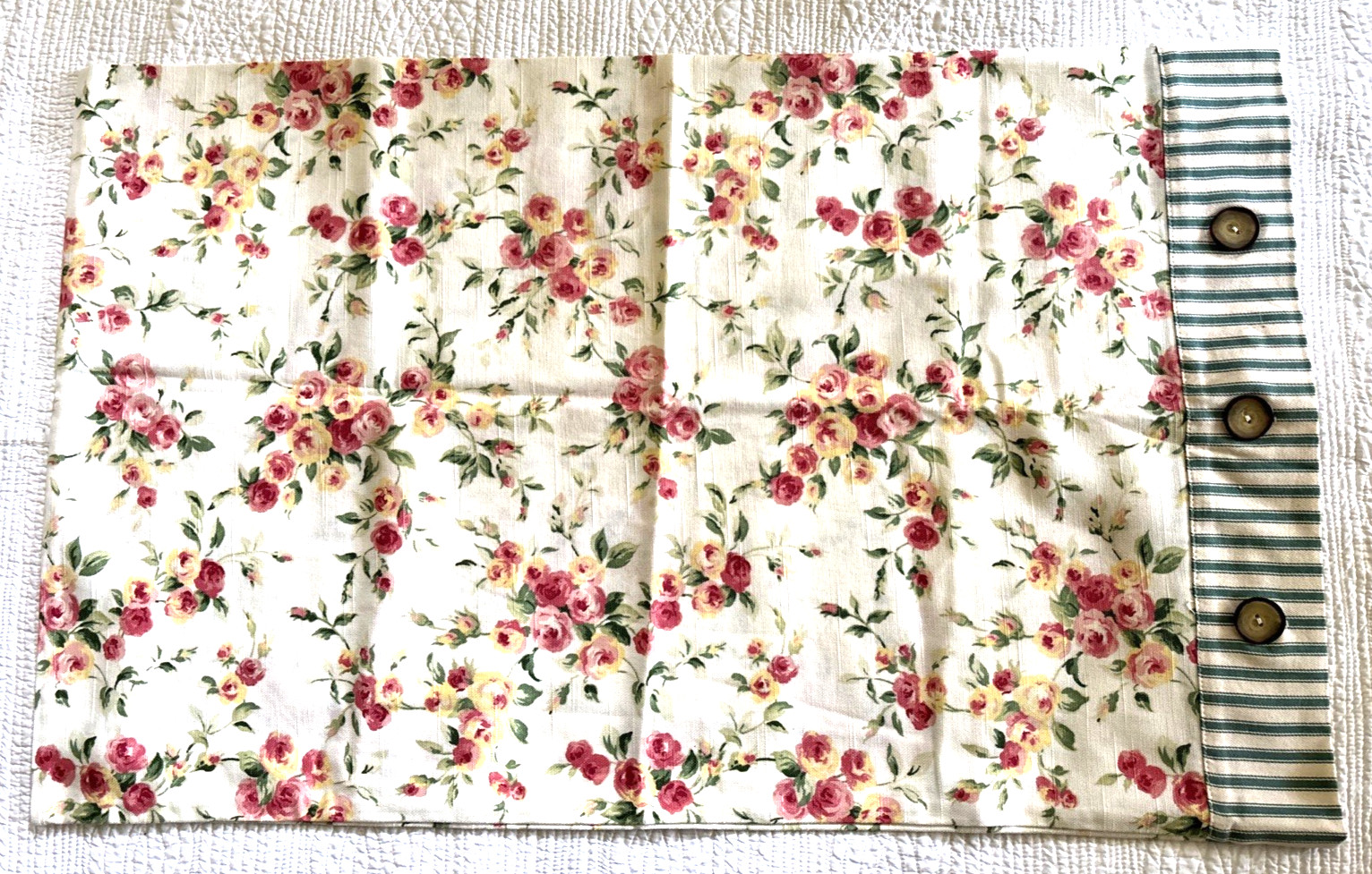 NWT Cottage Chic Linen Pillowcase or sham; white background with floral pattern gallery