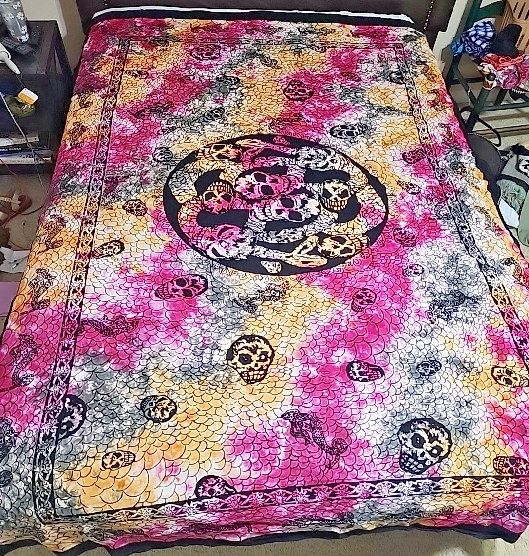 Sacred Threads Skull Multi-Color Tapestry Cotton Tie-Dye Wall Hanging 59x83 gallery