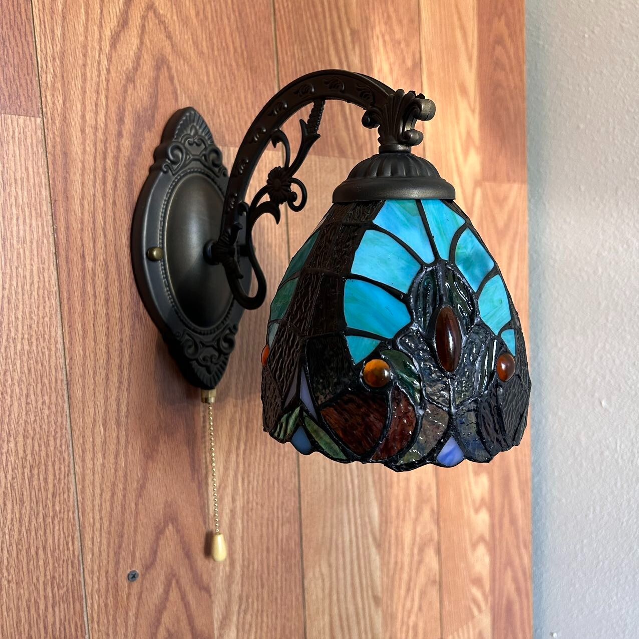 Tiffany Style Sconce Lamp Green Brown Stained Glass LED Bulb 6"W*11"D*9"H gallery