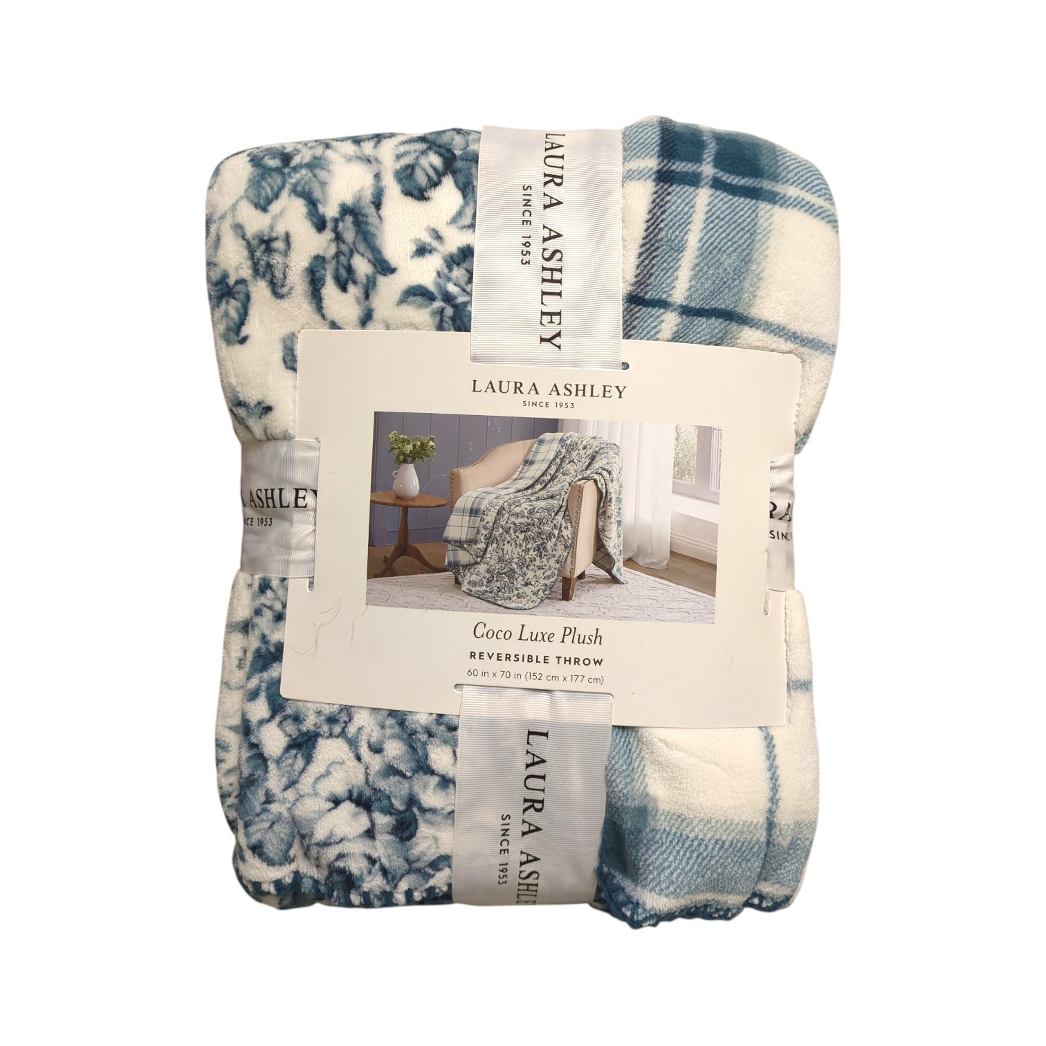 Laura Ashley Coco Luxe Plush Reversible Throw Blanket, 60in x 70in, Smoke Blue gallery