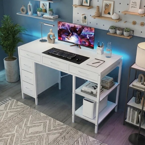 CONCETTA 55" Computer Desk w/ 6 Drawers & Shelves Modern Home Office Desk White gallery