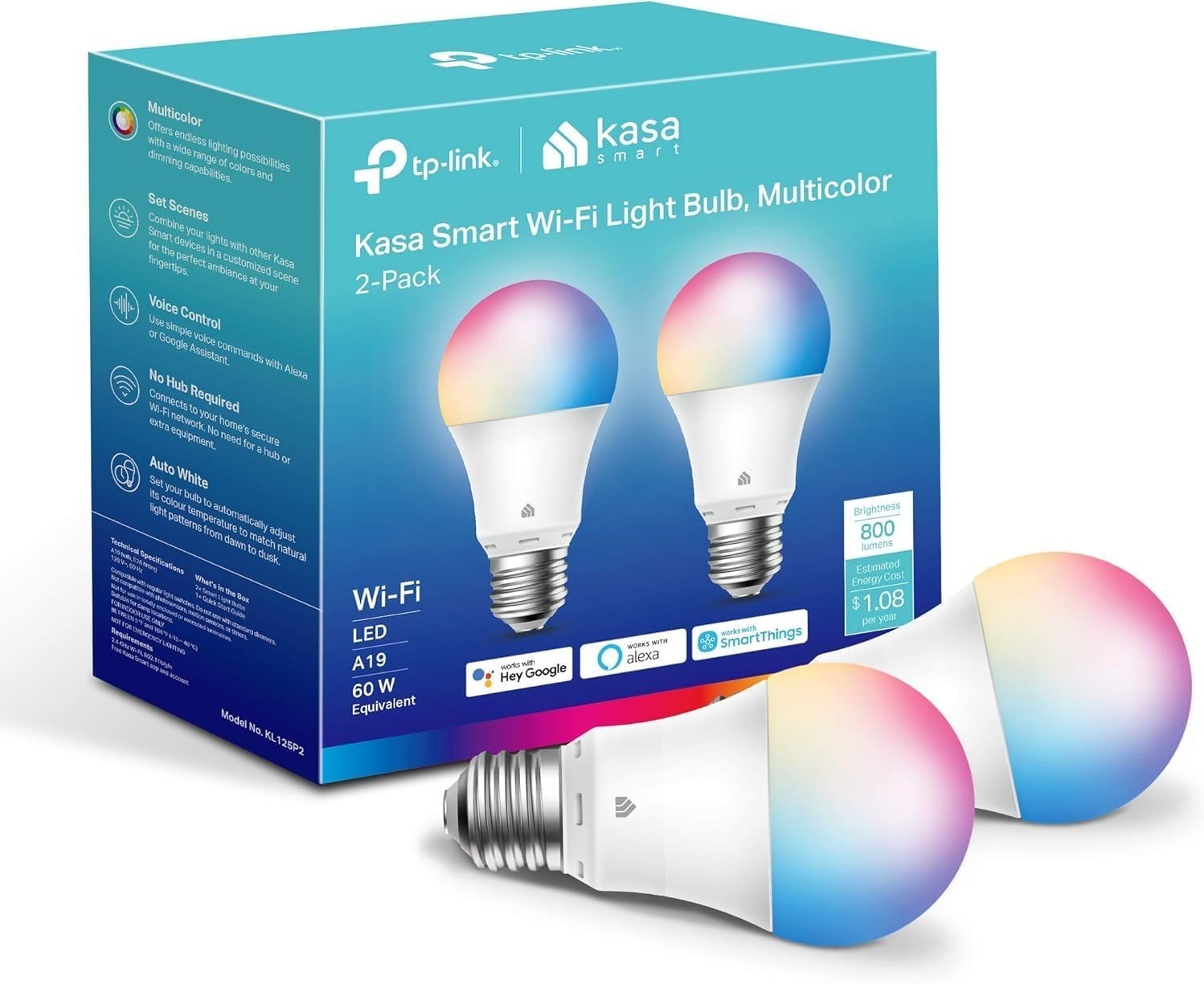Kasa Smart LED Bulbs Multicolor Dimmable A19 800LM WiFi No Hub Required 2-Pack gallery