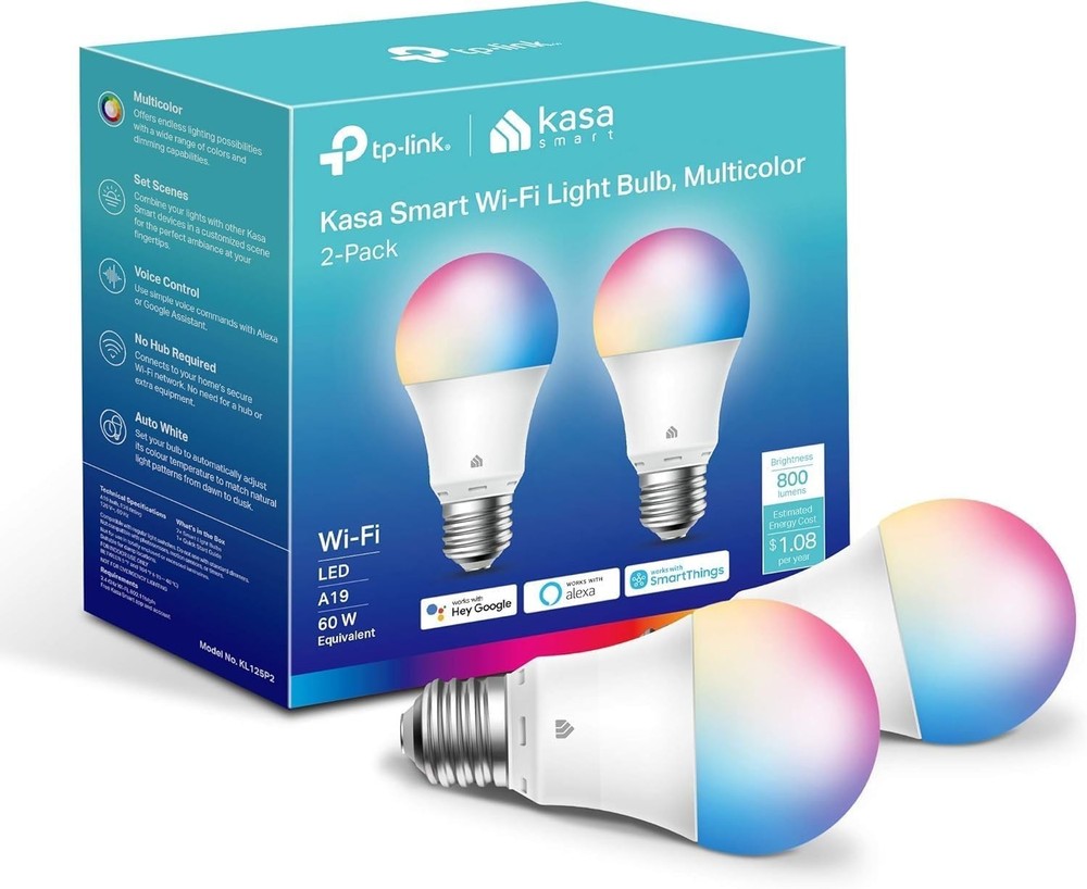 Kasa Smart LED Bulbs Multicolor Dimmable A19 800LM WiFi No Hub Required 2-Pack
