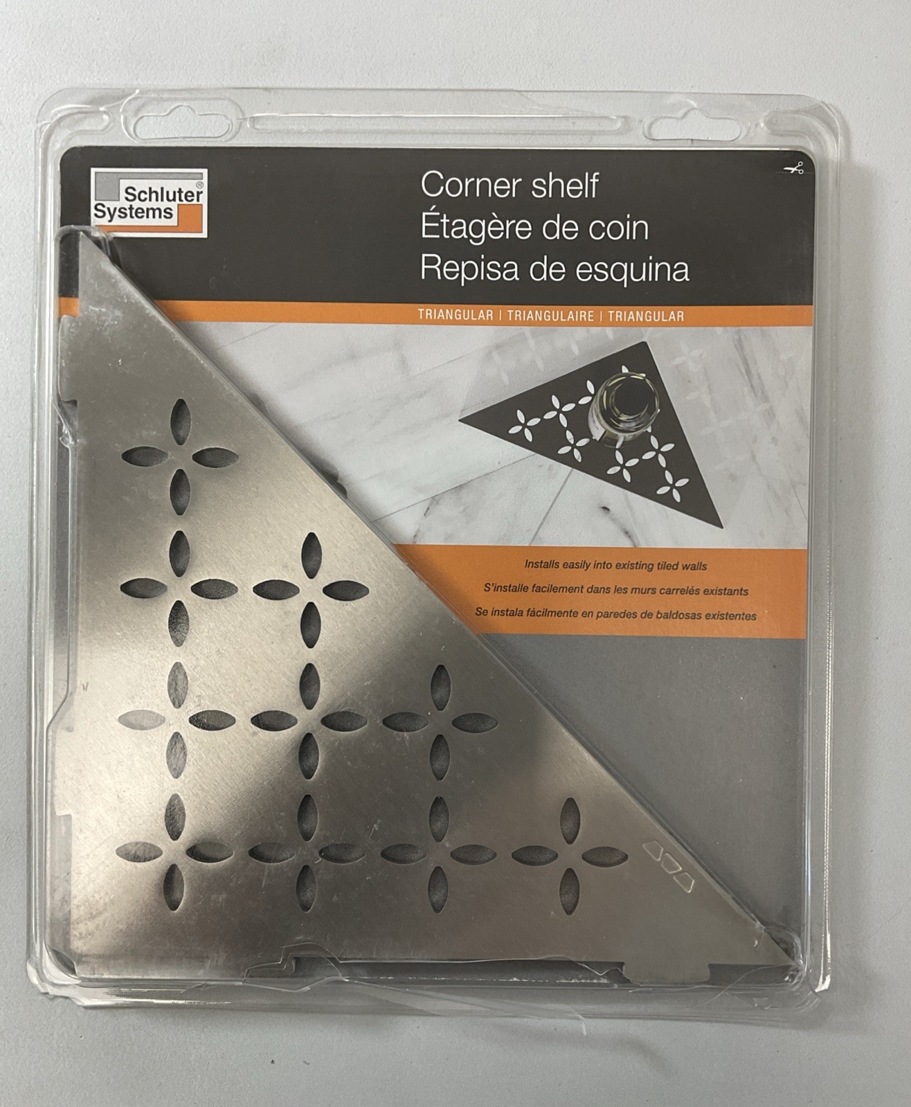 Schluter Triangular Corner Shelf for Tiled Walls-Floral Design, Stainless Steel gallery