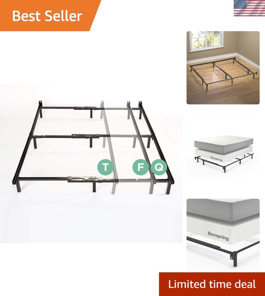 Metal Bed Frame Adjustable Support for Box Spring Mattress Twin Full Queen Black