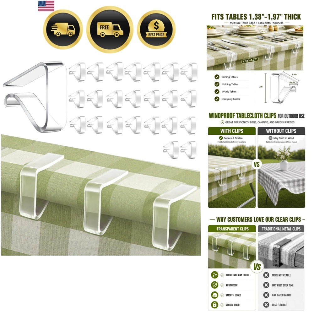 Tablecloth Clips Clear Windproof Plastic Secure Large Table 24 Pack