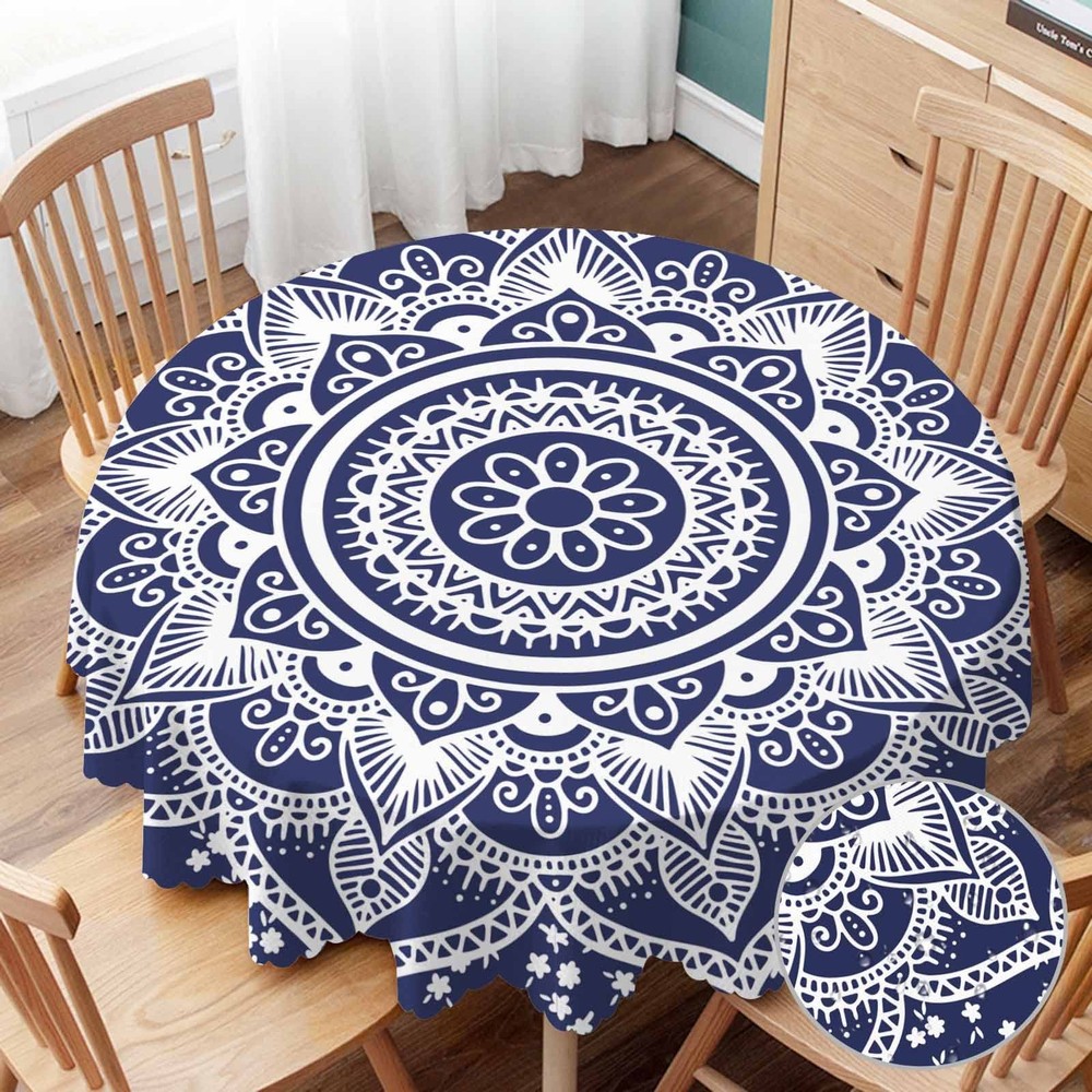Tablecloth Mandala Pattern Tablecloths 60" Diameter Round Blue and White Deco...