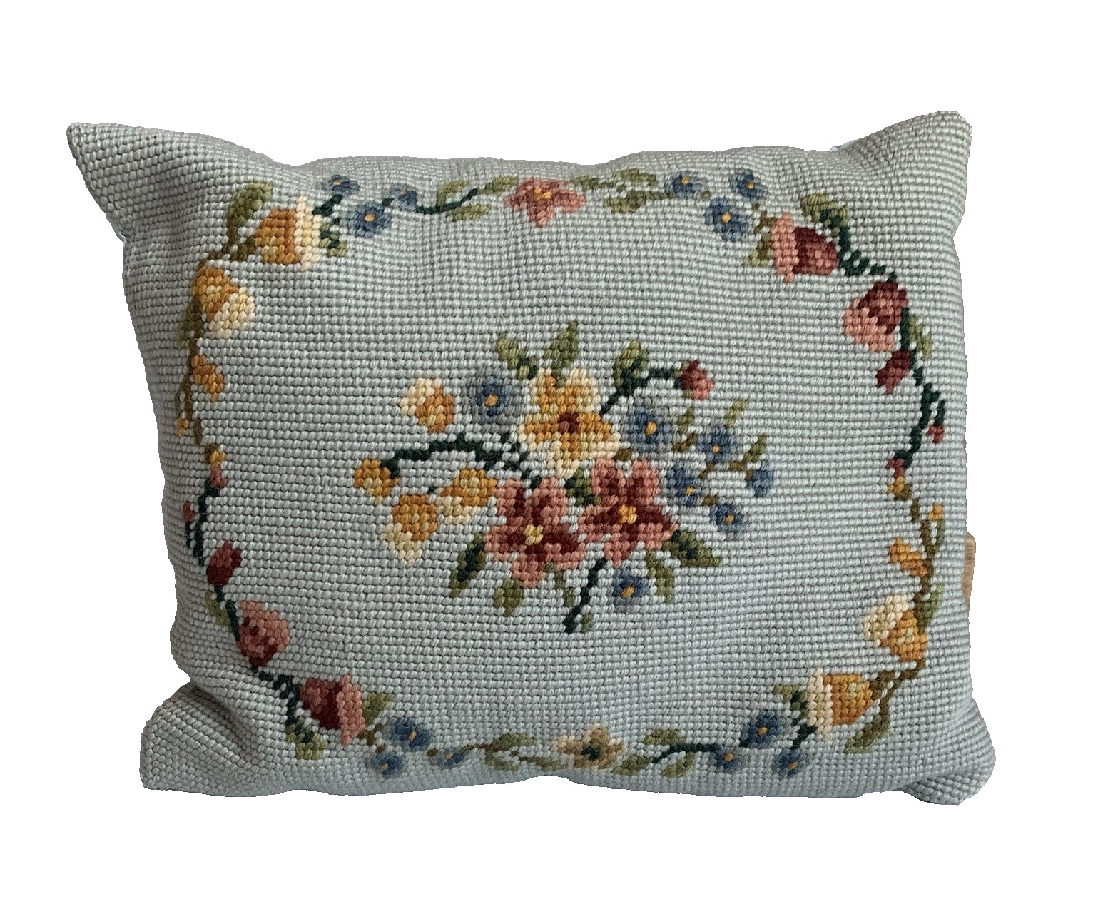 Vintage Needlepoint Blue Floral Throw Pillow Grandmacore Cottage 8.5"x10.5" gallery