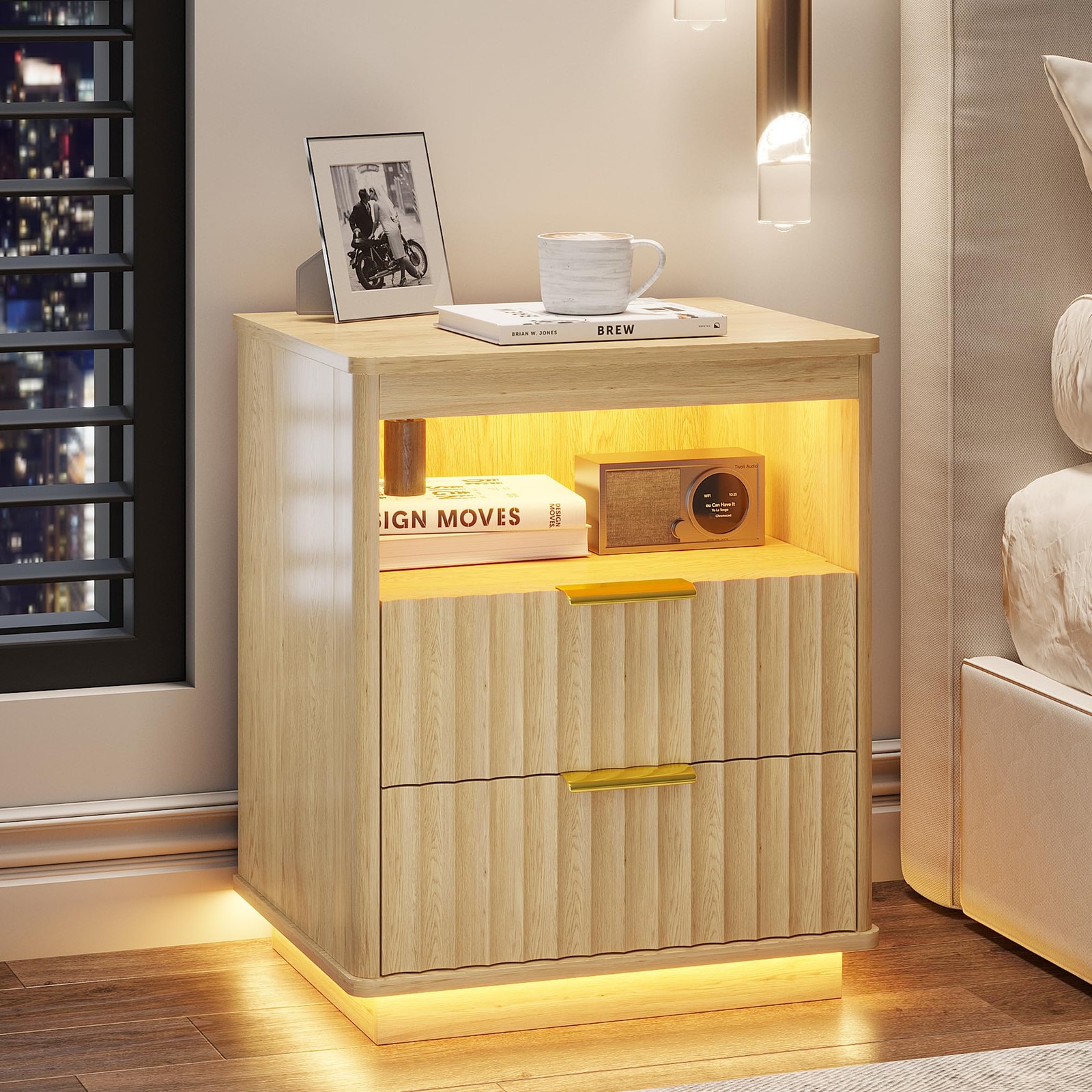 Modern LED Nightstand with Charging Station & 2 Drawers for Bedroom gallery