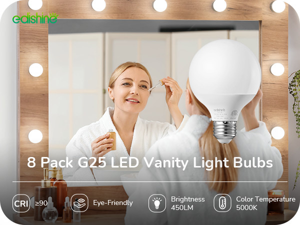 EDISHINE 8 Pack G25 LED Globe Light Bulbs CRI90+, Vanity Light Bulbs 5W 5000K gallery
