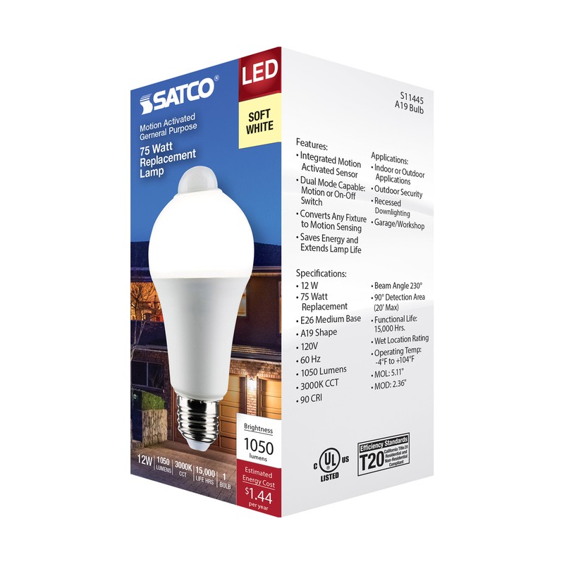 Motion Sensor Activated Light Bulb LED 120V 12W =75W A19 E26 3000K Soft White gallery
