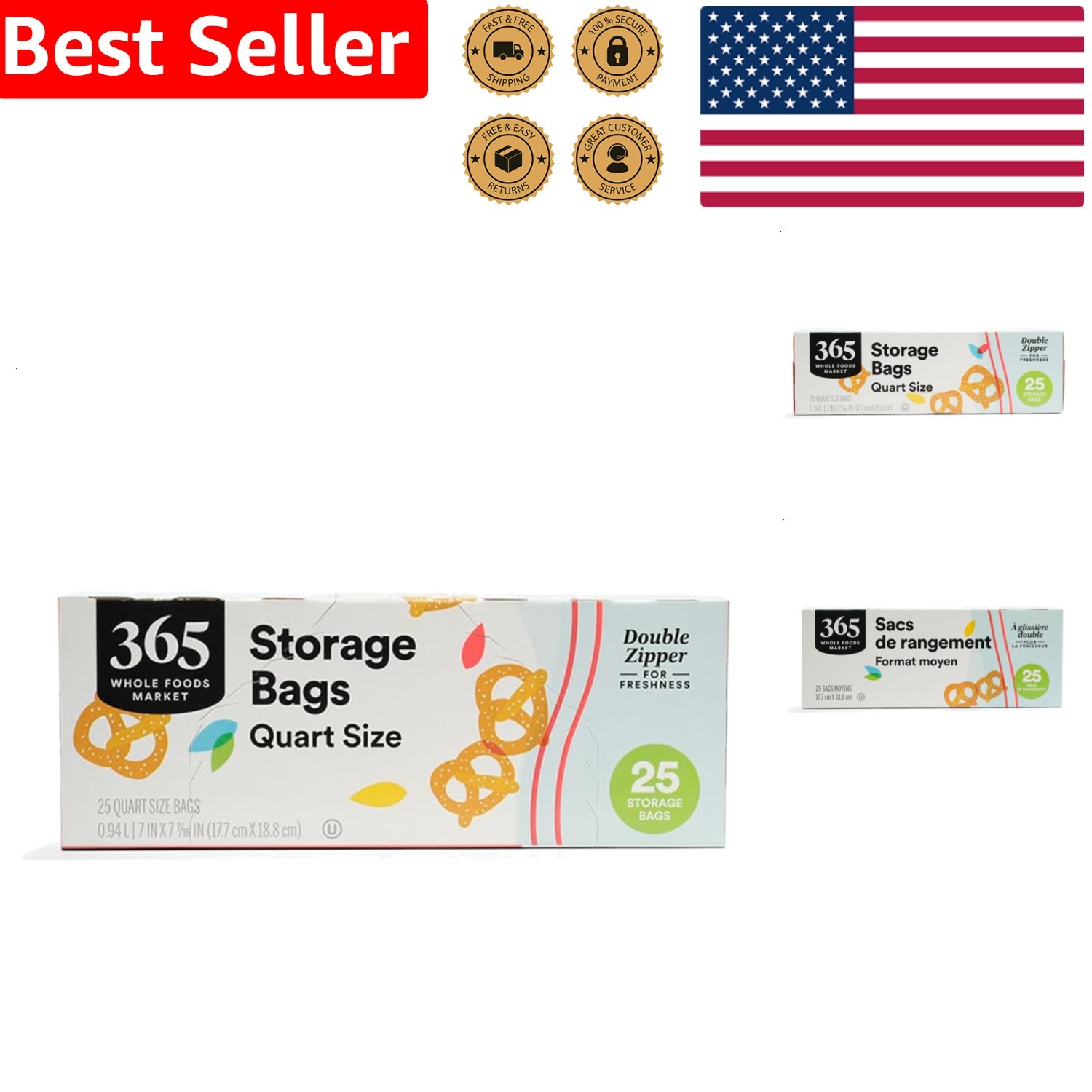 Food Storage Bags Quart, Secure Double Zip Seal, 25 Count, BPA Free Polyethylene gallery