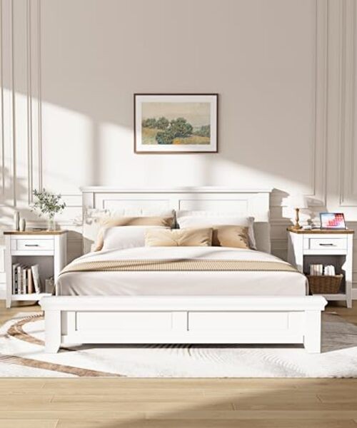 Farmhouse Nightstand with Charging Station & Large 2 Pure White + Walnut gallery