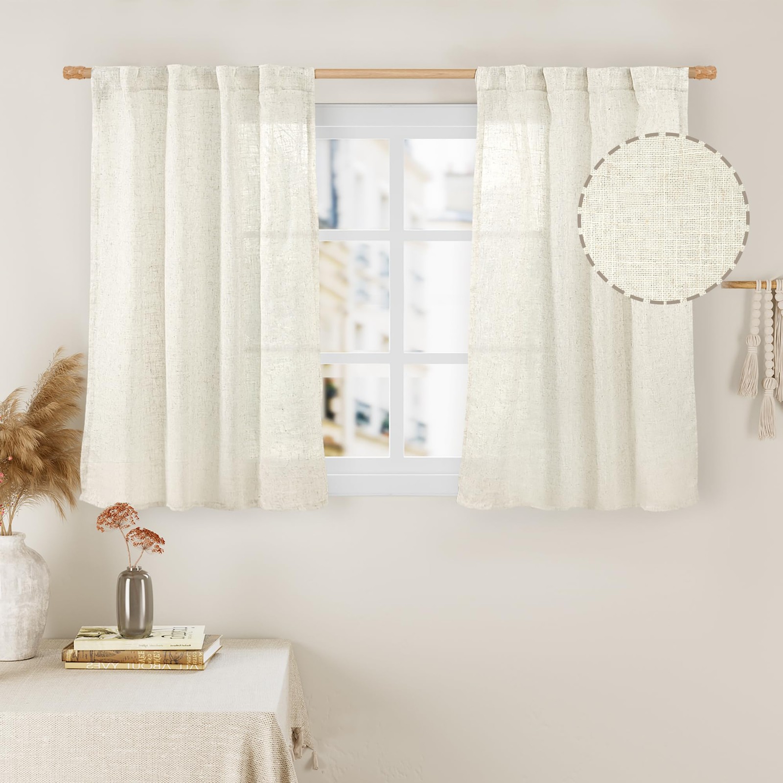 LAMIT Linen Curtains 40 Inch Length 2 Panels, Cream Ivory Semi Sheer Light Fi... gallery