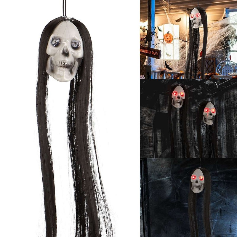 Halloween Glowing Hanging Skull With Long Hair LED Glowing Eyes Skeleton Decor gallery