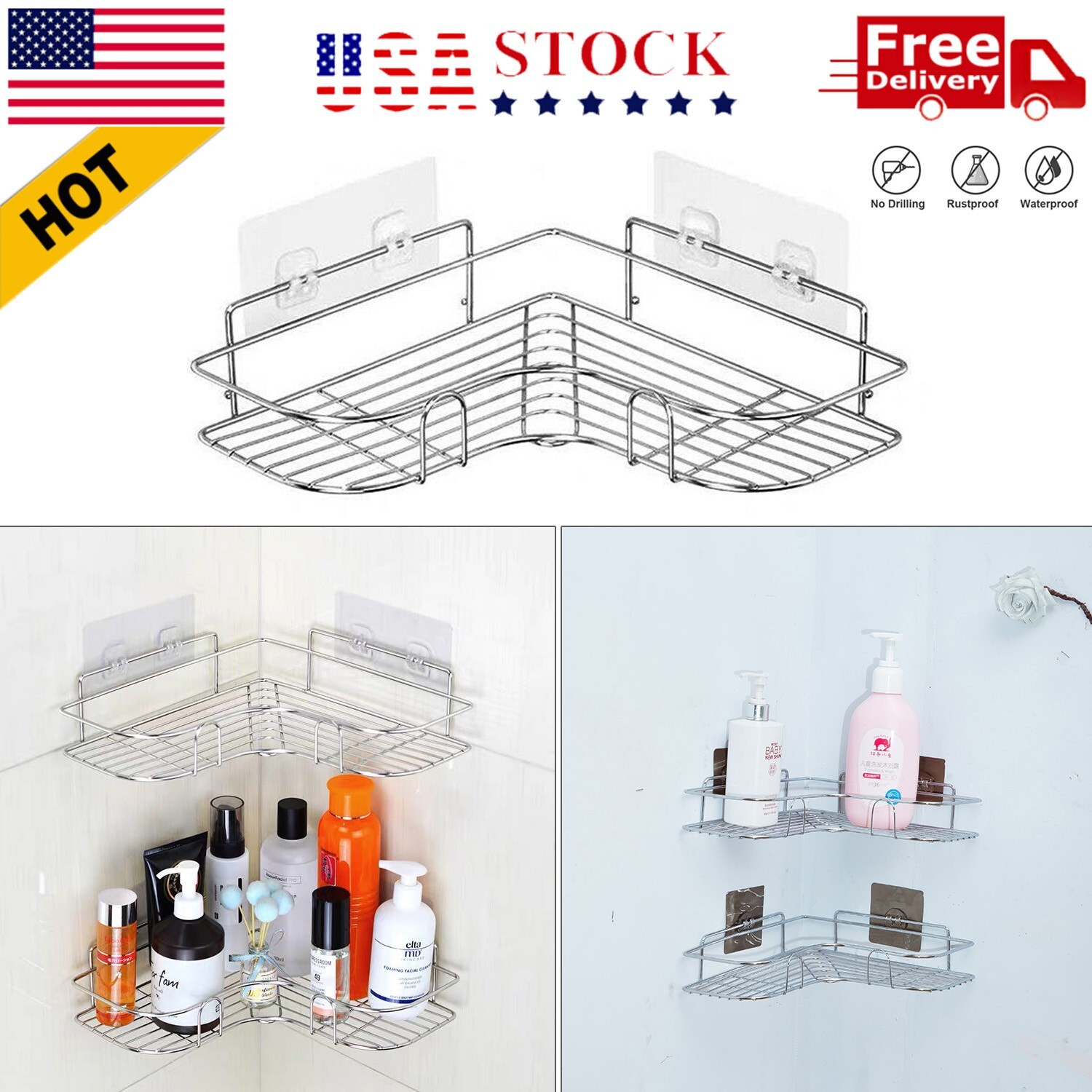 Shower Caddy Shelf Bathroom Corner Bath Storage Holder Organizer Triangular Rack gallery