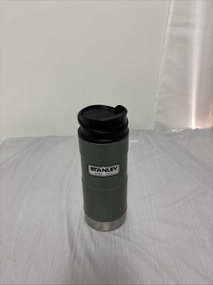 Stanley Thermal Cup Hammered Green Push Button Lid 12 Ounce One Hand Looks New