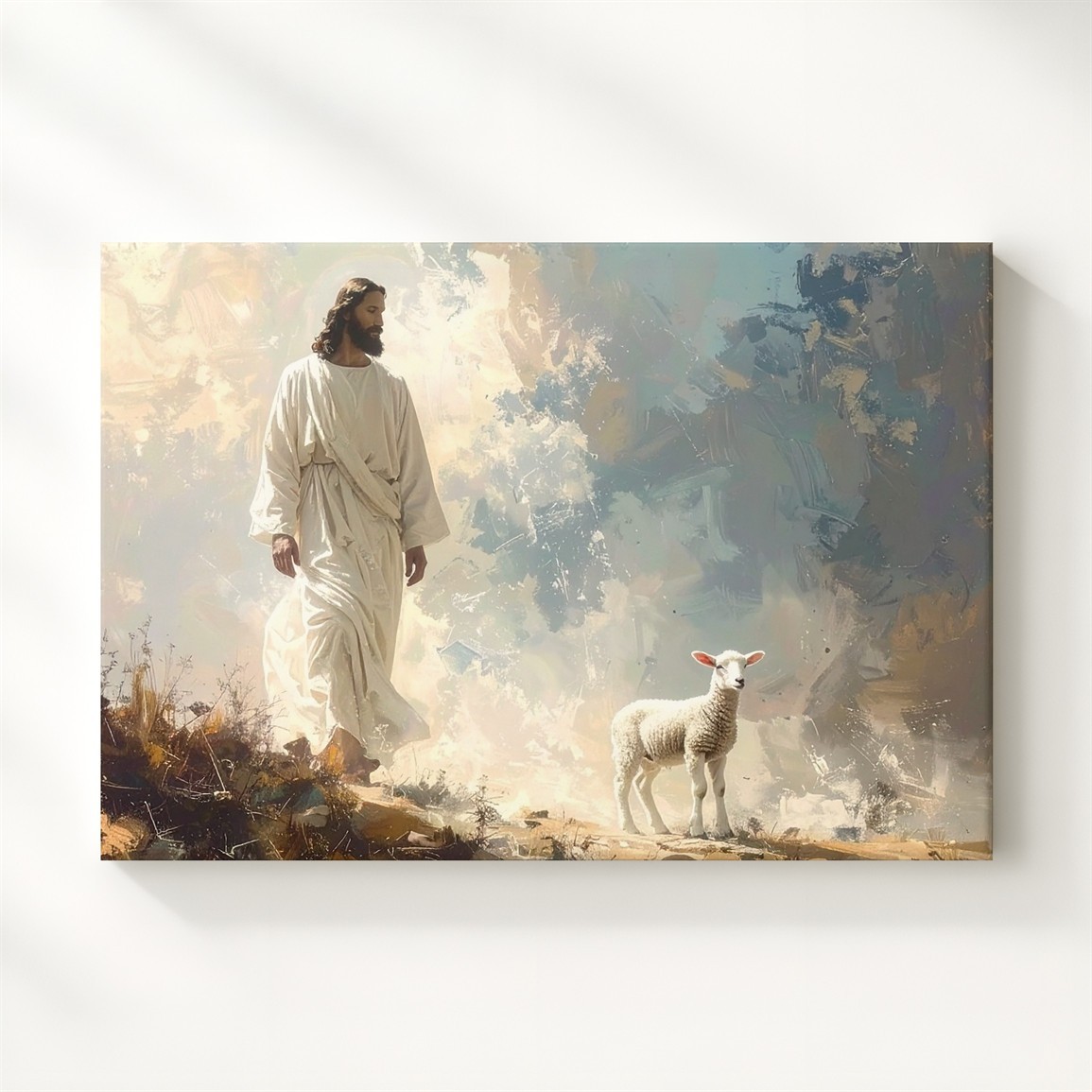 Good Shepherd Mist Canvas Jesus Walking With Lamb In Ethereal Landscape Wall Art gallery