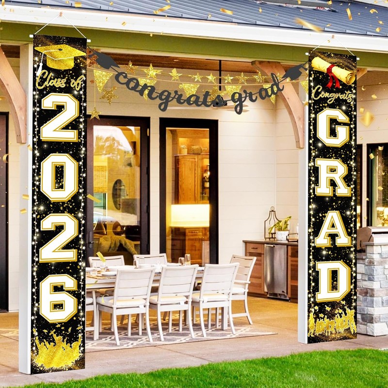 Black Gold Graduation Decorations Class of 2026 Congrats GRAD Porch Sign Bann... gallery