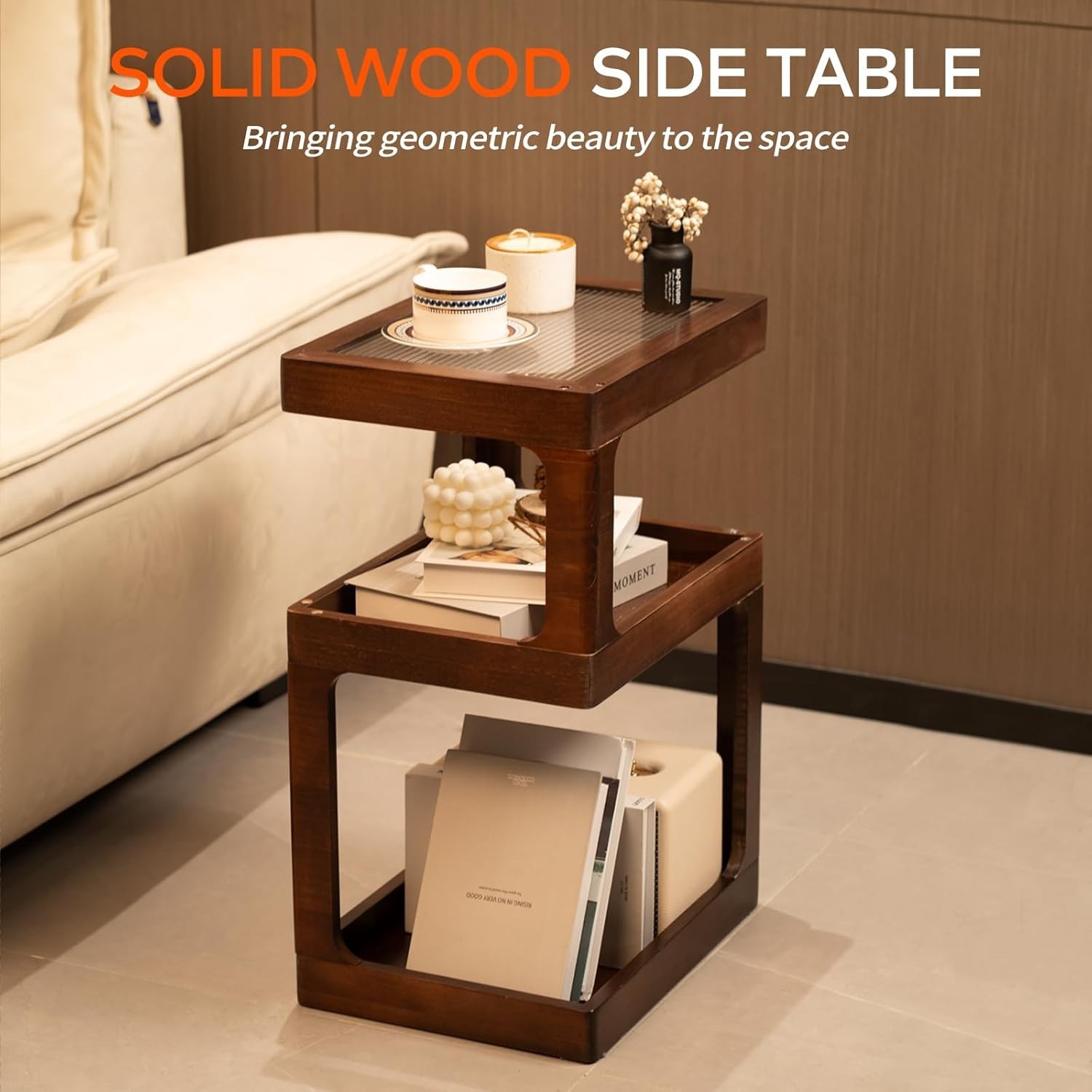 Solid Wood Side Table for Living Room, Narrow 3-Tier End Table with Fluted Acryl gallery