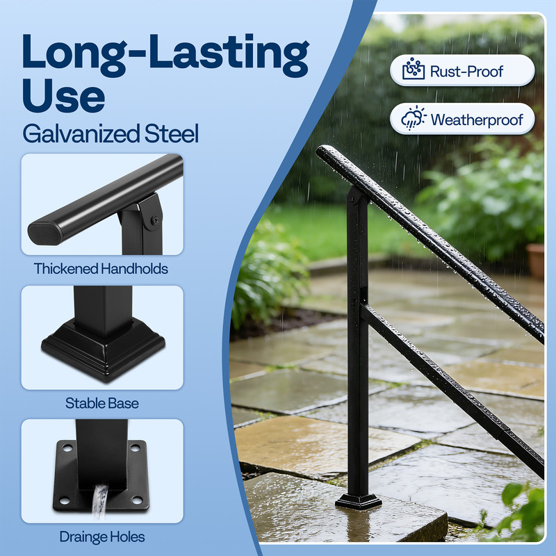 Outdoor Stair Handrail 5 Step Adjustable Railing Galvanized Steel Black 2 Pack gallery